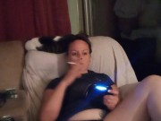 Slutty secretary gets off of work and lifts up mini dress to show off panties and smokes cigarettes 14/16