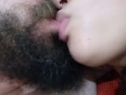 horny slut with a tongue kiss, jerking off the cuckold's cock hard while she sucks his big mouth 1/16
