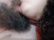 horny slut with a tongue kiss, jerking off the cuckold's cock hard while she sucks his big mouth 10/16