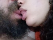 horny slut with a tongue kiss, jerking off the cuckold's cock hard while she sucks his big mouth 4/16