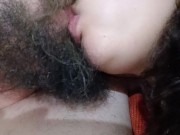 horny slut with a tongue kiss, jerking off the cuckold's cock hard while she sucks his big mouth