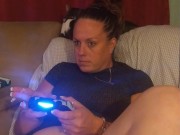Sexy Step Mom Secretary Upskirt Teasing Spreading Legs Wide and Smoking While Playing Video Games 11/16