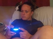 Sexy Step Mom Secretary Upskirt Teasing Spreading Legs Wide and Smoking While Playing Video Games 13/16