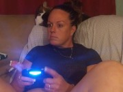 Sexy Step Mom Secretary Upskirt Teasing Spreading Legs Wide and Smoking While Playing Video Games 15/16