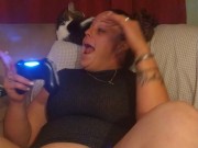 Sexy Step Mom Secretary Upskirt Teasing Spreading Legs Wide and Smoking While Playing Video Games 16/16