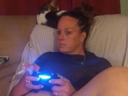 Sexy Step Mom Secretary Upskirt Teasing Spreading Legs Wide and Smoking While Playing Video Games 2/16
