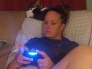 Sexy Step Mom Secretary Upskirt Teasing Spreading Legs Wide and Smoking While Playing Video Games 4/16