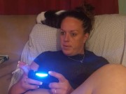 Sexy Step Mom Secretary Upskirt Teasing Spreading Legs Wide and Smoking While Playing Video Games 7/16