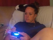 Sexy Step Mom Secretary Upskirt Teasing Spreading Legs Wide and Smoking While Playing Video Games 8/16