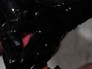 Dirty Girl in Shiny Spandex and Latex Skirt gives Handjob till Cum 6/16