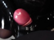 Dirty Girl in Shiny Spandex and Latex Skirt gives Handjob till Cum 9/16