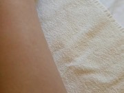 The guy finished the girl right on her foot and she wipes it with a towel 12/16