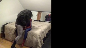 1980's long haired metal head fucks dummy fan in spiderman suit