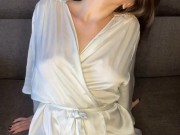 Hot wife in a dressing gown waits for her pussy lover while she's home alone 1/16