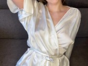 Hot wife in a dressing gown waits for her pussy lover while she's home alone 2/16