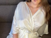 Hot wife in a dressing gown waits for her pussy lover while she's home alone 8/16