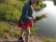 Beautiful girl Assol outside outdoors without panties up short dress. Doggystyle. Ass Pussy teenager 14/16