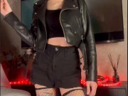 Changed the game — leather jacket, shorts & glasses 😈 Ready for a wild ride? 🖤 7/16