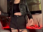 Changed the game — leather jacket, shorts & glasses 😈 Ready for a wild ride? 🖤 9/16