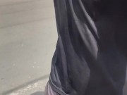 Alpha male with huge dick walking down the street in pants without underwear with the volume showing 4/16