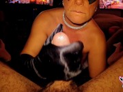 Blue Eyed Big Titty Milf in a black mask & black velvet gloves swallows a huge load after a blowjob 10/16