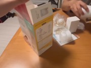 【ボテ腹】搾乳器を買ったから、私の乳首と彼の乳首を使って練習したよ✨ 7/16